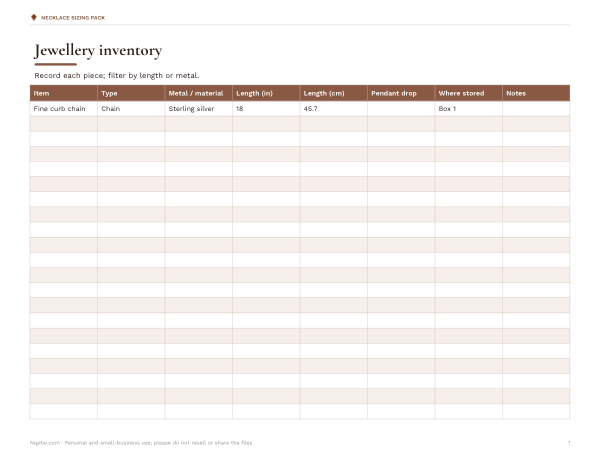 Preview of Printable Necklace Inventory Sheet