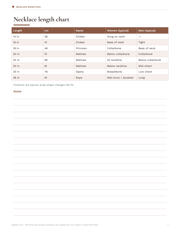 Preview of Printable Necklace Length Chart